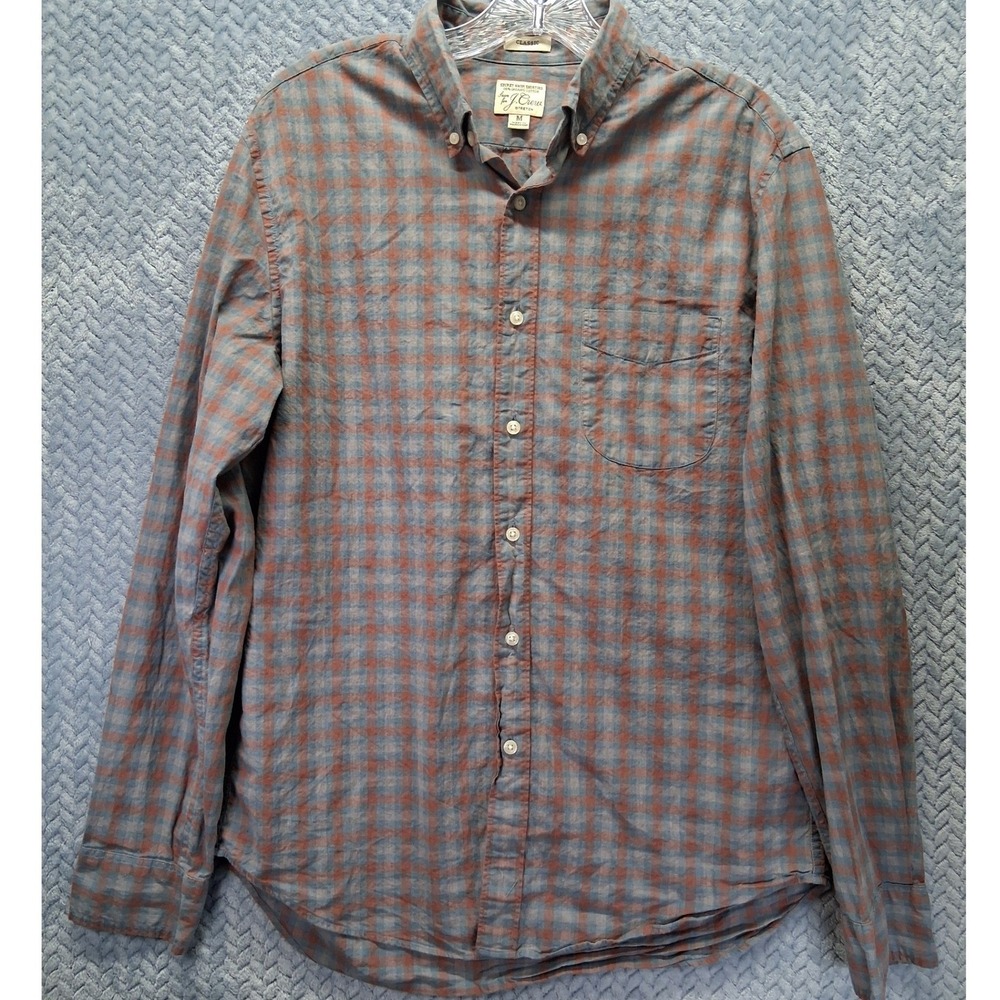 J. Crew Secret Wash Shirt Mens Medium Classic Fit Stretch Blue Orange Gingham